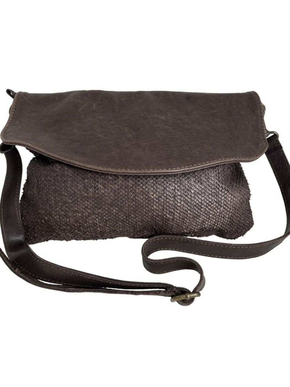 Angellotti Genuine Leather Brown Crossbody Bag Textured Accents & Adjustable
